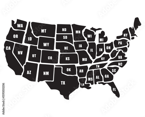 Black United States Map with State Abbreviations – High-Resolution Vector Map of the United States of America.