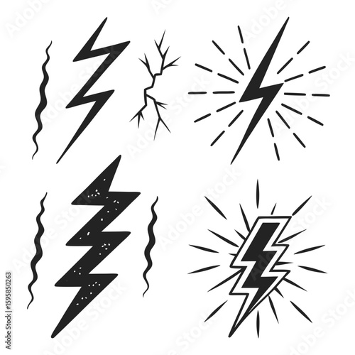 Black textured lightning bolt icons with radiating lines and cracks thunder electricity