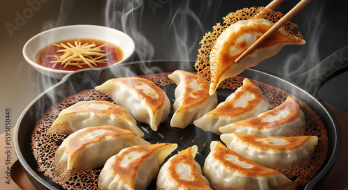 Delicious gyoza dumplings with crispy skirts in pan