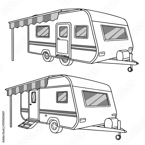 Caravan with striped awning and windows trailer camping