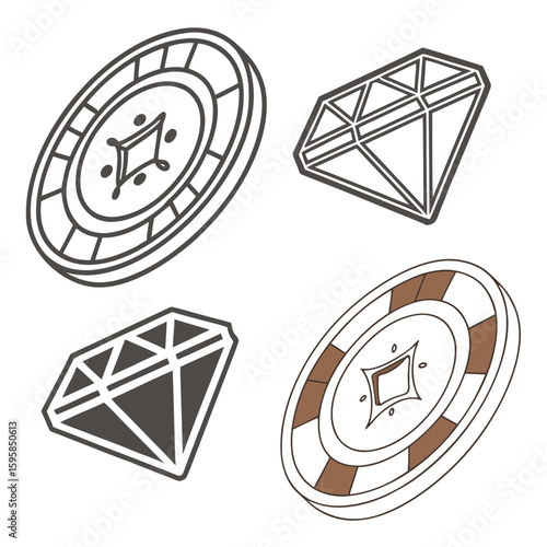 Casino chips and diamonds isometric icons gambling game
