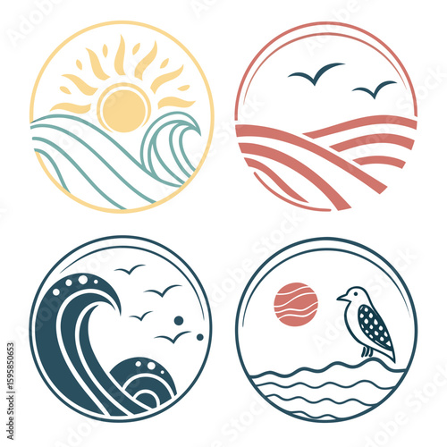 Circular nature emblems with sun waves birds and seascape vector