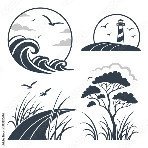 Coastal scenes with lighthouse and ocean waves nature birds