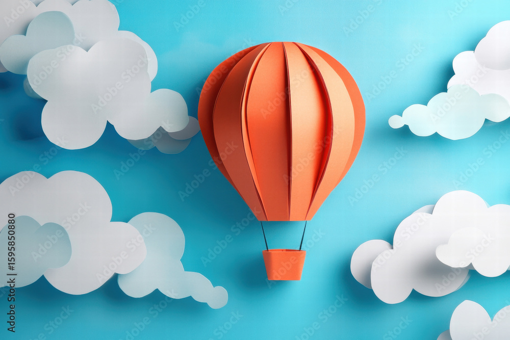 Obraz premium A paper hot air balloon is floating in the sky above a blue background