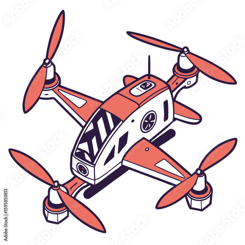Coral and white quadcopter drone with dark outlines aerial vehicle technology