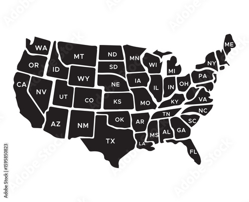 Black United States Map with State Abbreviations – High-Resolution Vector Map of the United States of America.