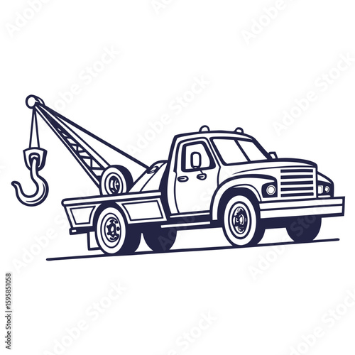 Dark blue tow truck with hook and boom vehicle transportation
