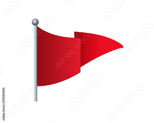 Waving triangular gradient red flag icon with silver pole on transparent background