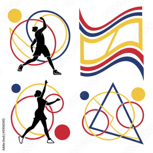 Dynamic athletes and abstract shapes in bold colors sports geometric