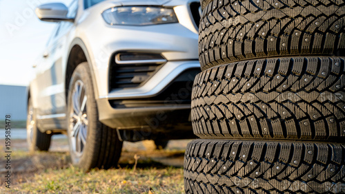 Winter tires near the garage. Safety concept for winter driving. Purchase and purchase of new tires for the car