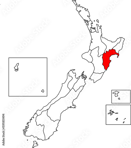 Map of New Zealand with the Hawke's Bay region highlighted, perfect for geographic, wine, and regional-specific projects.

