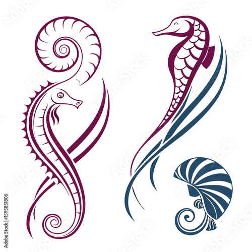 Elegant seahorse and shell designs in purple and blue nautilus marine life
