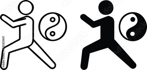 Tai Chi icons. Black and White Vector Icons. A man does health-improving exercises. Symbol of Yin and Yang. Alternative Medicine. Healthy lifestyle. Wellness Concept
