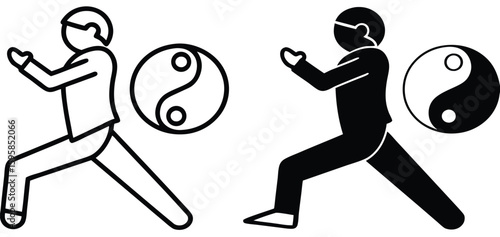 Tai Chi icons. Black and White Vector Icons. A man does health-improving exercises. Symbol of Yin and Yang. Alternative Medicine. Healthy lifestyle. Wellness Concept
