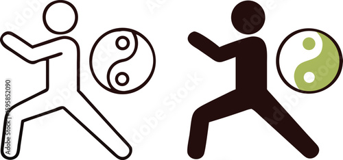 Tai Chi icons. Black and White Vector Icons. A man does health-improving exercises. Symbol of Yin and Yang. Alternative Medicine. Healthy lifestyle. Wellness Concept

