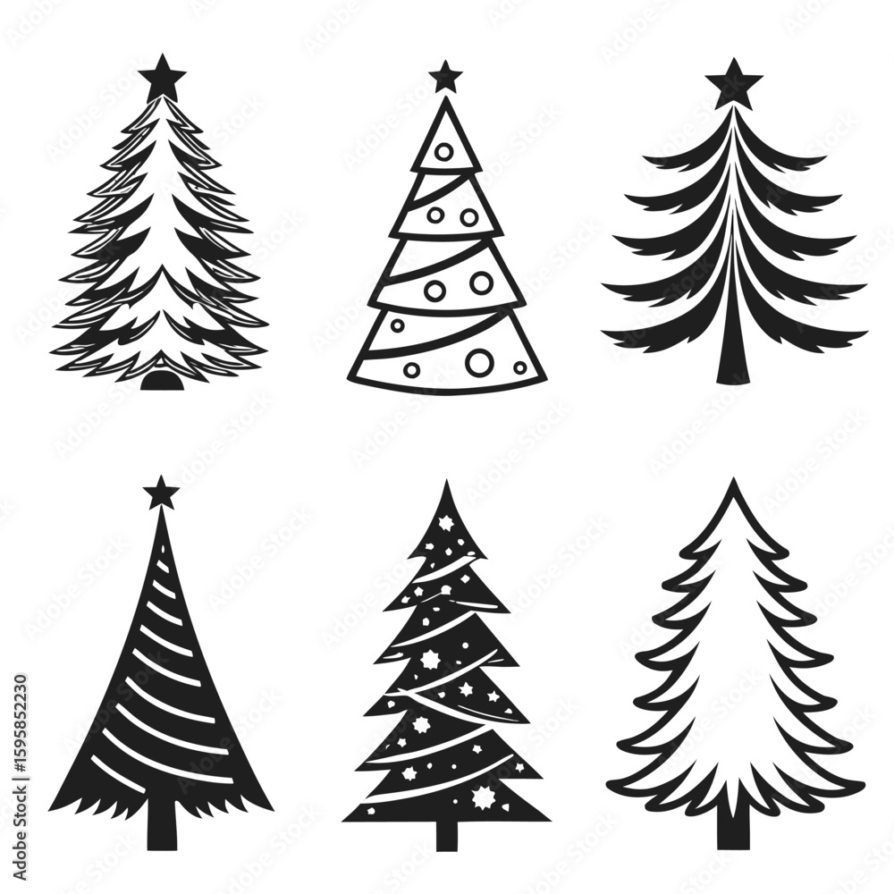 Obraz premium Six Black and White Christmas Tree Vector Silhouettes 1