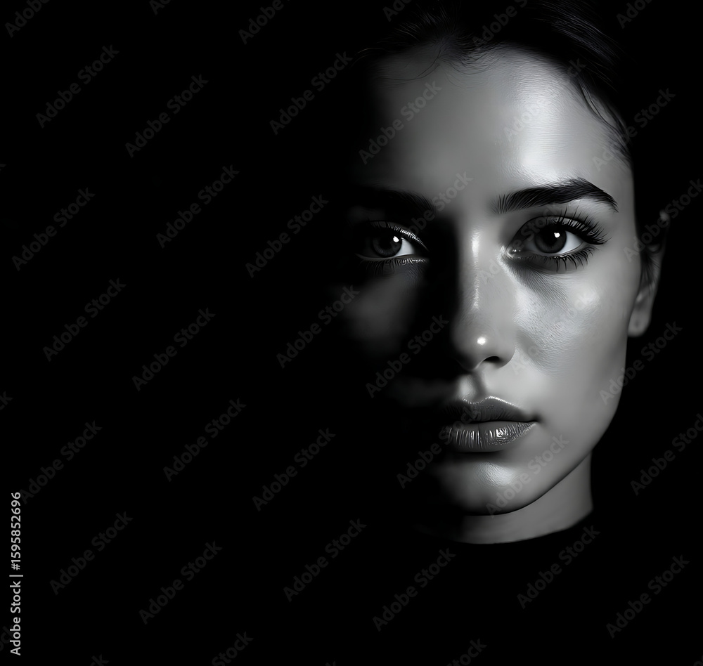Fototapeta premium Dramatic Black and White Portrait of a Beautiful Woman with Expressive Eyes
