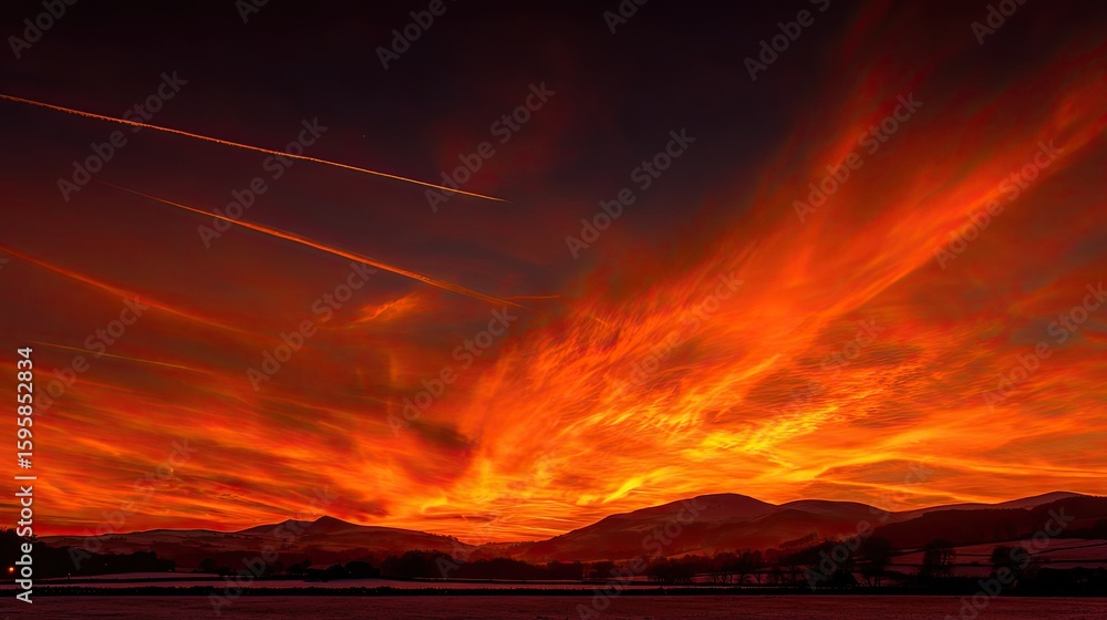 Fototapeta premium Fiery Sunset Over Hills With Airplane Trails