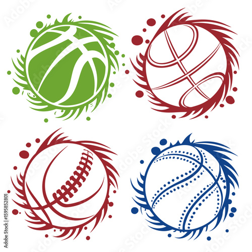 Green red blue sports balls with tribal accents basketball baseball