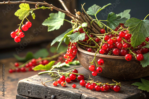 Vibrant red cinnabar berries and currants on branches in moody light