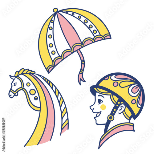 Horse head umbrella and jockey helmet icons vector