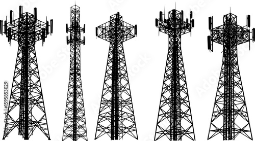 monochrome telecommunication towers, varied designs, silhouette style, white background, vector graphic