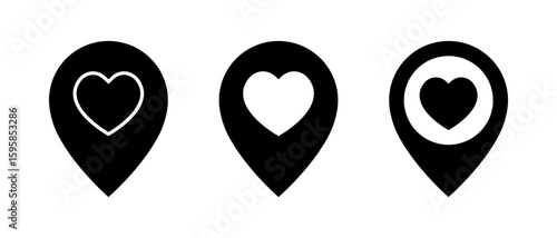 Love marker icon set. Location pin with heart symbol. Favorite or romantic place concept
