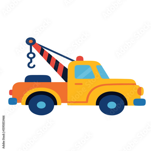 Tow truck vector with a yellow body and blue wheels, suitable for kids’ educational materials, vehicle infographics, and cartoon transport themes.