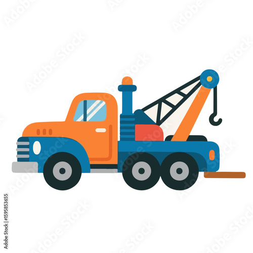 Tow truck vector with orange and blue colors, suitable for construction scenes, children’s illustrations, and heavy-duty roadside assistance concepts.