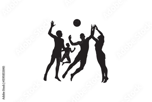 Silhouette illustration of volleyball players in action jumping and reaching for the ball perfect for sports themed designs posters or event promotions with a dynamic Art & Illustration