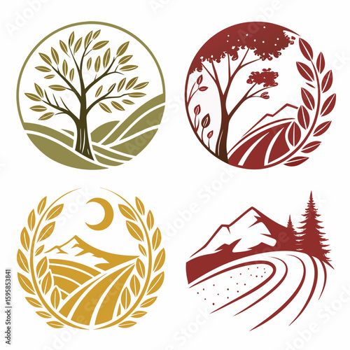 Nature inspired circular emblems with trees mountains and fields vector