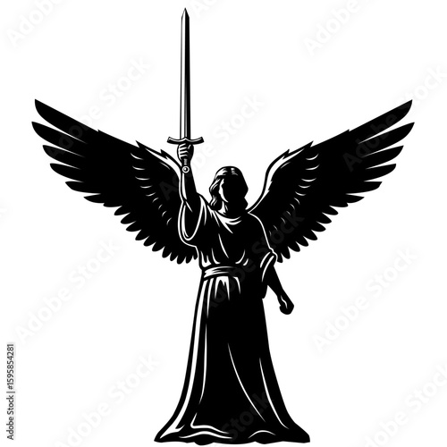 illustration of a powerful winged angel holding a sword. Silhouette style with bold lines, ideal for tattoo art, fantasy themes, and spiritual iconography