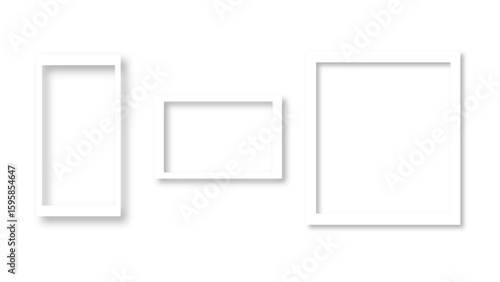 Empty white photo frame set with shadow. Retro vintage photograph with transparent adhesive tape. Digital snapshot image. Template or mockup for design. Vector illustration