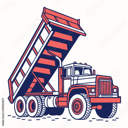 Red and blue dump truck with raised bed construction vehicle heavy machinery