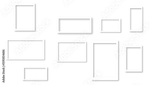 Empty white photo frame set with shadow. Retro vintage photograph with transparent adhesive tape. Digital snapshot image. Template or mockup for design. Vector illustration