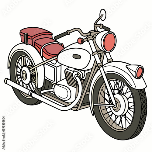 Retro white motorcycle with red seat and accents vintage vehicle