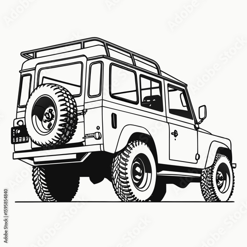 Rugged four wheel drive vehicle with roof rack and spare tire off road