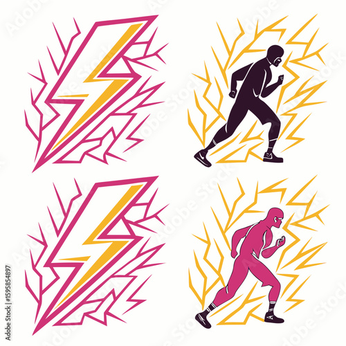 Running man with lightning bolt symbols speed