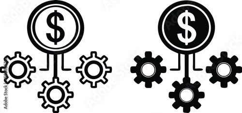 Operational Costs Icons. Black and White Vector Illustrations. Dollar Coin and Gear. Delivery Service. Logistics Concept
