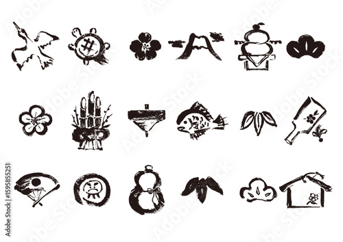 お正月素材アイコンの和風手書き筆イラスト　墨絵モノクロ