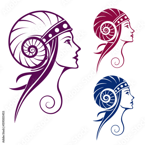 Stylized female profiles with ram horns head