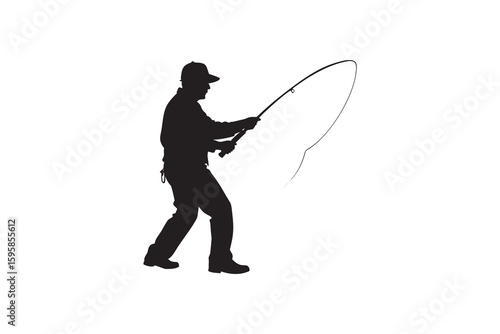 Silhouette of a fisherman casting a fishing rod isolated on a white background capturing the essence of angling and outdoor recreational activities in a simple Art & Illustration
