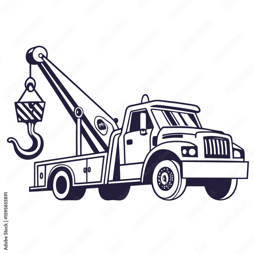Naklejka premium Tow truck with hook and striped block crane vehicle