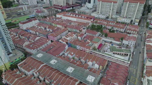 Singapore Content : Drone aerial view of Singapore City Skyline from China town, Singapore - Circa June 2022