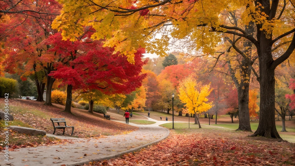 Naklejka premium Autumn trees in the city park with colorful leaves