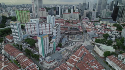 Singapore Content : Aerial drone view of China Town with the famous  Chinese temple landmark in downtown Singapore - Circa June 2022