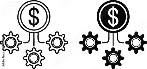 Operational Costs Icons. Black and White Vector Illustrations. Dollar Coin and Gear. Delivery Service. Logistics Concept
