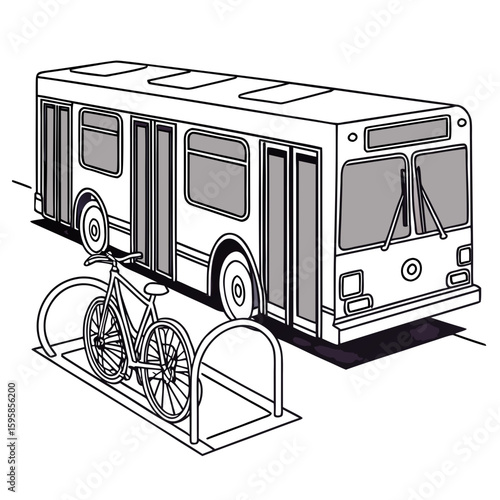 White city bus with bicycle rack and parked bicycle public transportation bike rack