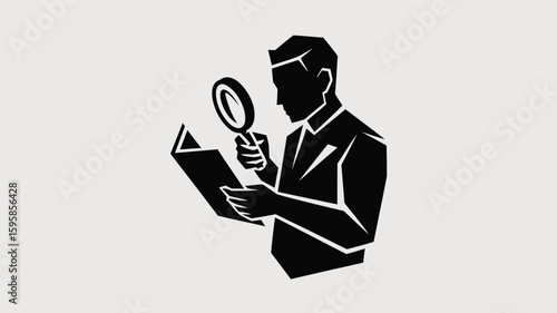 Intriguing silhouette of a man intently studying a book with a magnifying glass, perfect for conveying investigation, research, or detailed analysis in your designs									