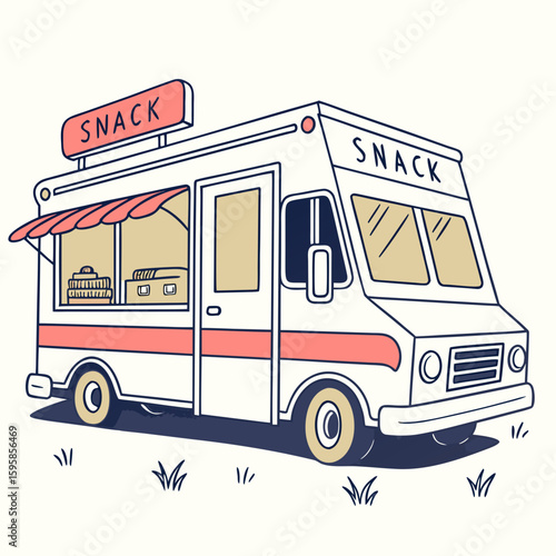 White snack truck with coral awning and tan windows food truck mobile food